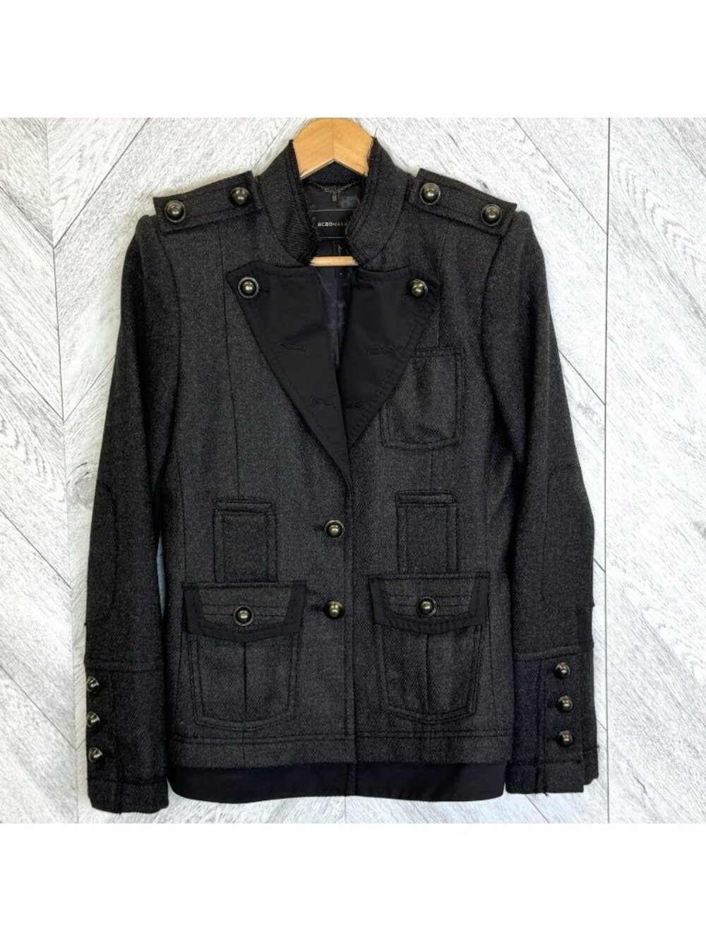 BCBG Maxazria Military Band Jacket Blazer Epaulettes Women Small Gray 100% Wool